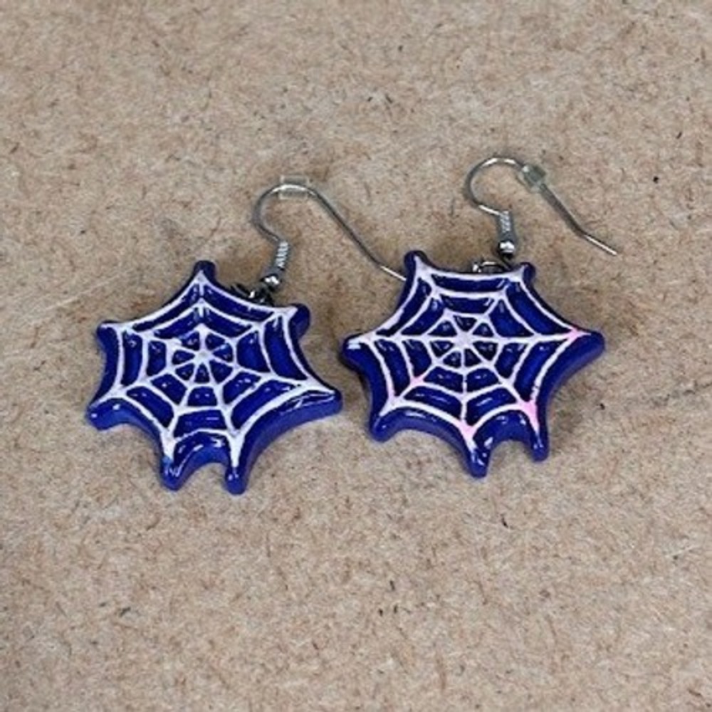 Blue Spider Web Dangle Earrings Halloween Goth Spooky Silver Tone Hooks‎